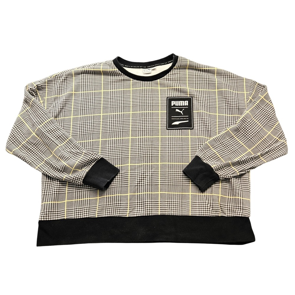 Puma Womens XL Plaid Recheck Pack Crew Sweatshirt Yellow Black White